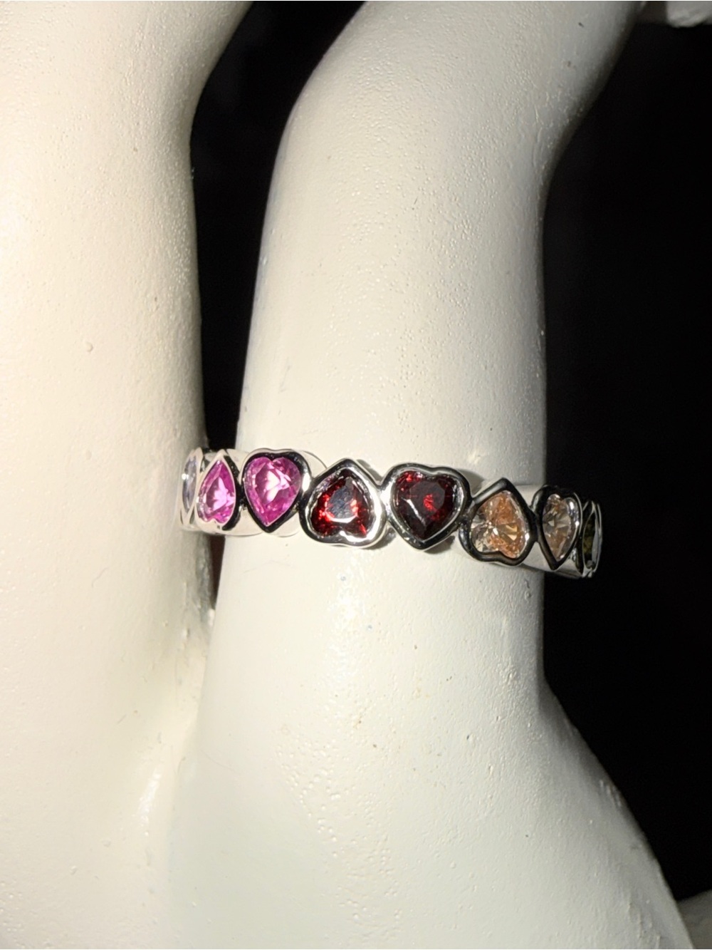 925 Sterling Silver Multi-Heart Gemstone Ring in Pink, Red & Champagne NEW